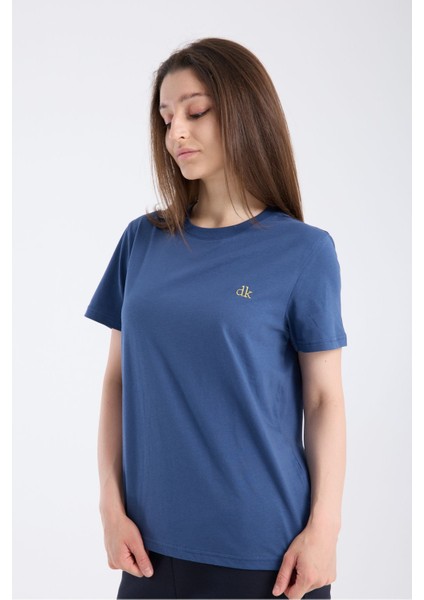 Kadın Regular Fit Yarım Kollu T-Shirt Indigo %100 Pamuk indirimleri