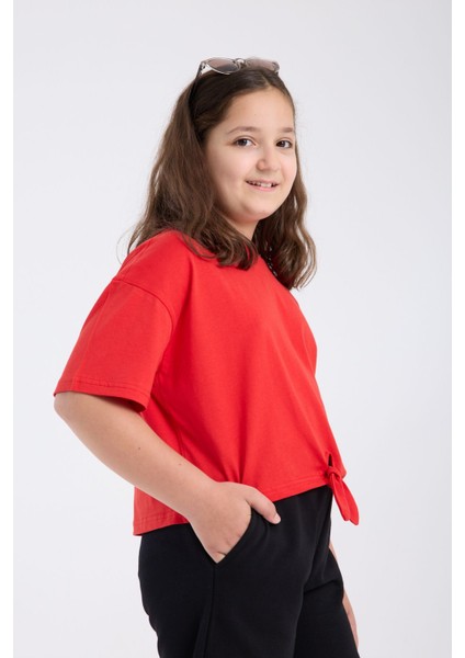 Kız Çocuk Crop Yarım Kollu T-Shirt Kırmızı %100 Pamuk