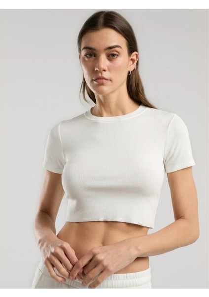 Ever Relaxed Rib Beyaz Kadın Crop Tişört