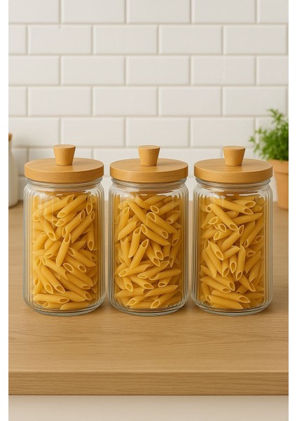 3'lü Bambu Kapaklı Yivli Kavanoz Seti 1800 ml