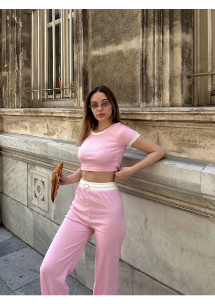 Crop Pantolon Biyeli Takım Pembe