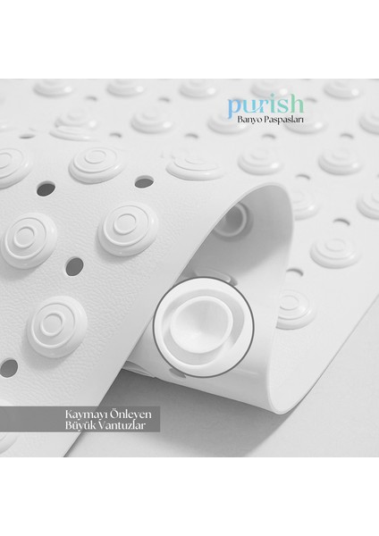 | Kaymaz Banyo Paspası | Beyaz | 69,5X36CM – Dikdörtgen Duş Matı, Küvet Paspası | Güçlü Vantuzlu, Su Tahliyeli, Masaj, Fırçalı | Makinede Yıkanabilir | Kaydırmaz Zemin Matı modelleri