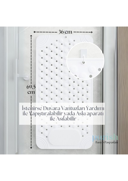 | Kaymaz Banyo Paspası | Beyaz | 69,5X36CM – Dikdörtgen Duş Matı, Küvet Paspası | Güçlü Vantuzlu, Su Tahliyeli, Masaj, Fırçalı | Makinede Yıkanabilir | Kaydırmaz Zemin Matı indirimleri