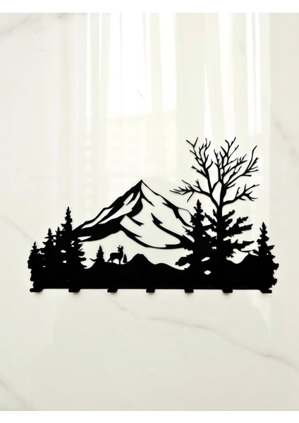 Dağ Orman Manzaralı Metal Duvar Anahtar Askısı Anahtarlık Ağaç ve Geyik Figürlü