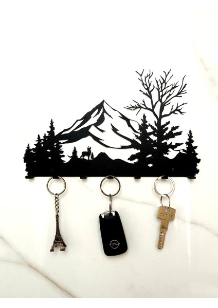 Dağ Orman Manzaralı Metal Duvar Anahtar Askısı Anahtarlık Ağaç ve Geyik Figürlü fiyatları