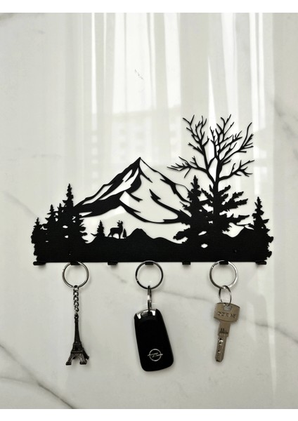 Dağ Orman Manzaralı Metal Duvar Anahtar Askısı Anahtarlık Ağaç ve Geyik Figürlü modelleri