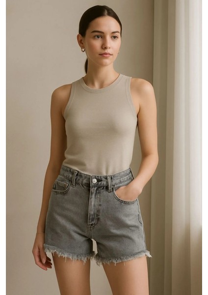 Kadın Jeans Paça Püsküllü Kot Şort