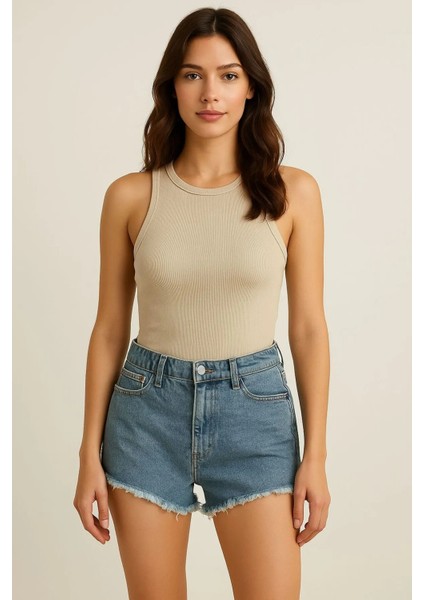 Kadın Jeans Paça Püsküllü Kot Şort