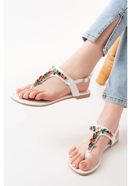 152-1110 Beyaz Multi Taşlı Parmak Arası Kadın Sandalet