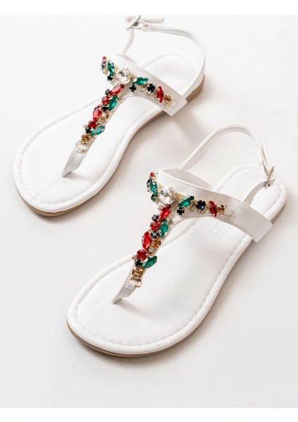 152-1110 Beyaz Multi Taşlı Parmak Arası Kadın Sandalet modelleri