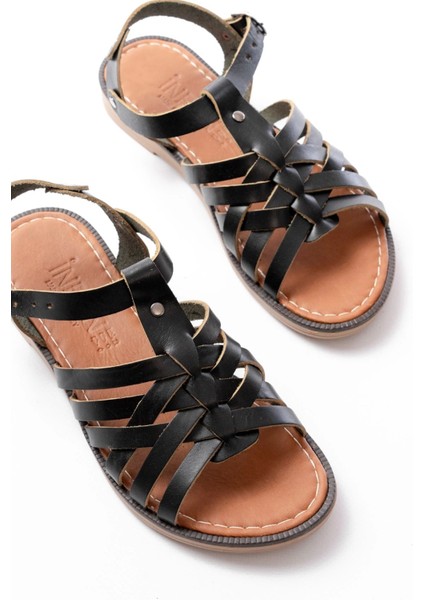 205-208 Siyah Hakiki Deri Ortopedik Taban Kadın Sandalet indirimleri