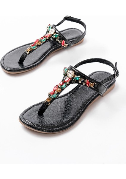 152-1110 Siyah Multi Cam Kırığı Taşlı Parmak Arası Kadın Sandalet modelleri