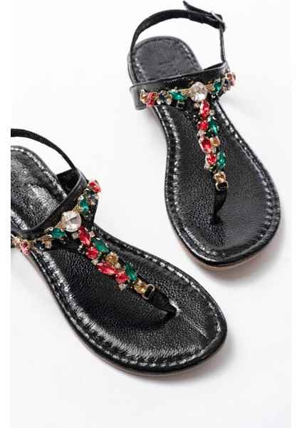 152-1110 Siyah Multi Cam Kırığı Taşlı Parmak Arası Kadın Sandalet fırsatları