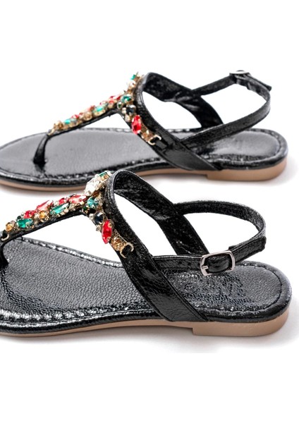 152-1110 Siyah Multi Cam Kırığı Taşlı Parmak Arası Kadın Sandalet indirimleri