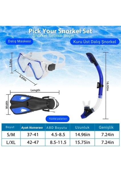 Paletli Şnorkel Seti Tüplü Dalış Ekipmanları Yüzgeç Dalış Gözlüğü Seti 37-41(S-M)42-47(L-Xl) modelleri