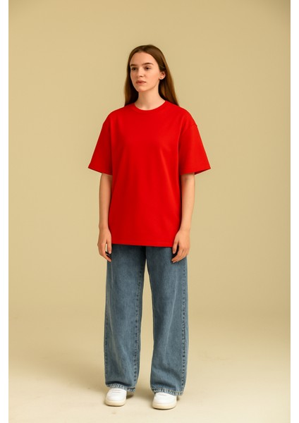 Kadın Kırmızı Oversize Bisiklet Yaka %100 Pamuk Düz Basic Yazlık T-Shirt