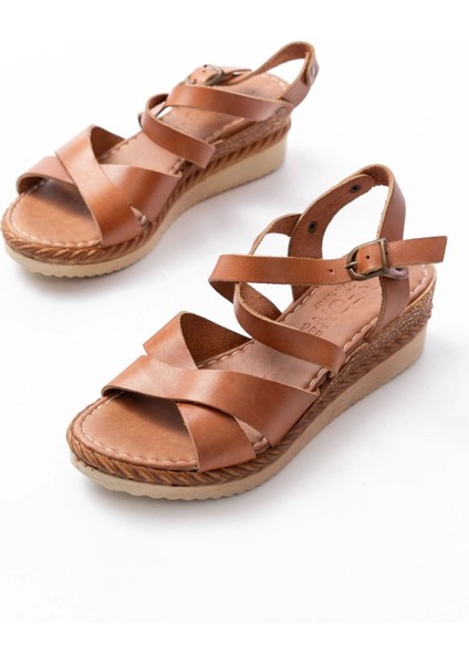731-045 Taba Çapraz Hakiki Deri Dolgu Topuklu Günlük Kadın Sandalet indirimleri