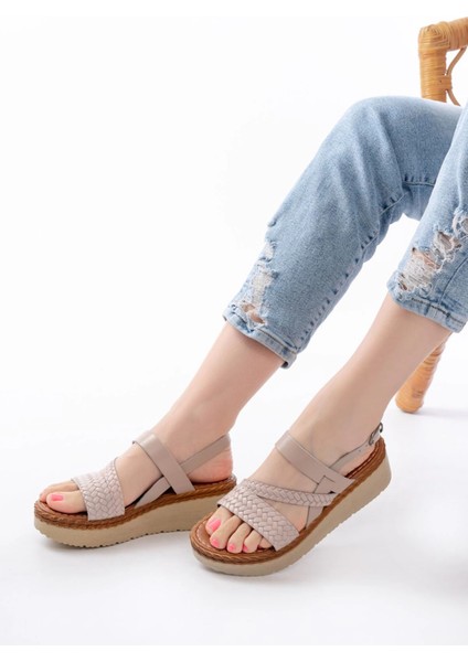 730-152 Bej Örgü Desenli Hakiki Deri Ortopedik Taban Kadın Sandalet