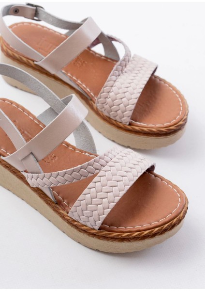 730-152 Bej Örgü Desenli Hakiki Deri Ortopedik Taban Kadın Sandalet modelleri