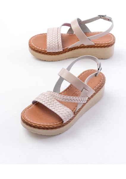 730-152 Bej Örgü Desenli Hakiki Deri Ortopedik Taban Kadın Sandalet indirimleri