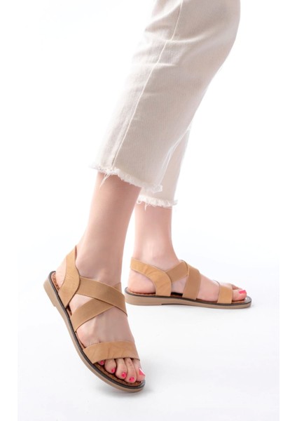 205-04 Bej Tek Bantlı Lastikli Hakiki Deri Ortopedik Taban Kadın Sandalet fırsatları