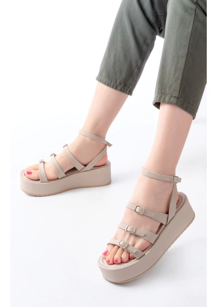 861-1222 Bej Tokalı Bilekten Bağlamalı Dolgu Kadın Sandalet fiyatları