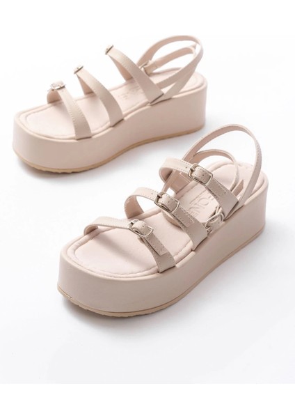 861-1222 Bej Tokalı Bilekten Bağlamalı Dolgu Kadın Sandalet modelleri