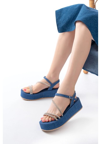 861-1017 Mavi Kot Taşlı Dolgu Topuklu Kadın Sandalet