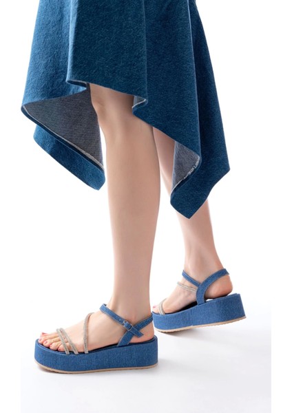 861-1017 Mavi Kot Taşlı Dolgu Topuklu Kadın Sandalet fiyatları