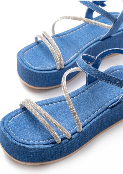 861-1017 Mavi Kot Taşlı Dolgu Topuklu Kadın Sandalet fırsatları