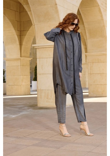Tencel Kot Gömlek Pantolon Takım Gri 37307