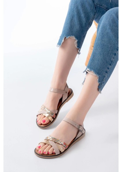 205-015 Bej Garni Ortopedik Hakiki Deri Kadın Sandalet fırsatları