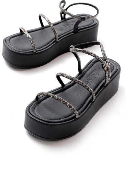 861-1008 Siyah Platin Taşlı Dolgu Topuklu Kadın Sandalet modelleri