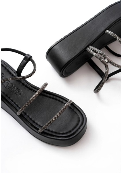 861-1008 Siyah Platin Taşlı Dolgu Topuklu Kadın Sandalet fırsatları