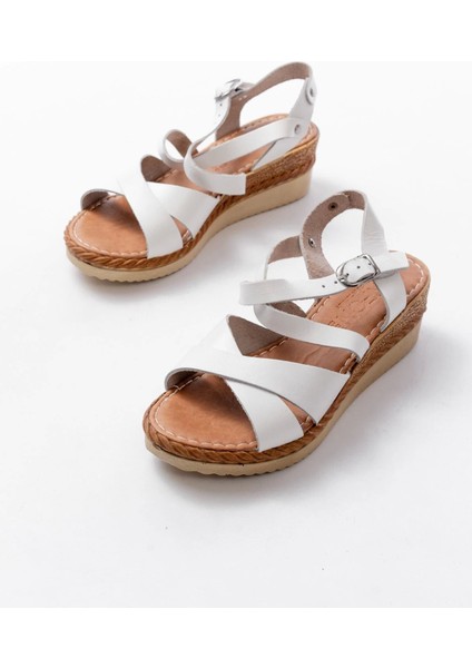 731-045 Beyaz Çapraz Hakiki Deri Dolgu Topuklu Günlük Kadın Sandalet modelleri