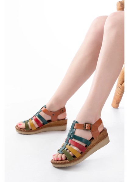 731-204 Multi Hakiki Deri Dolgu Topuklu Günlük Kadın Sandalet fiyatları