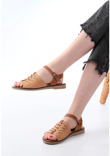 205-029 Bej Ortopedik Hakiki Deri Kadın Sandalet fırsatları