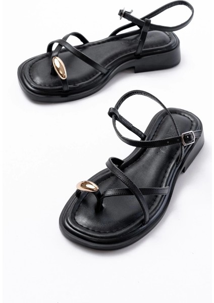 S-101 Siyah Parmak Arası Taş Detaylı Günlük Kadın Sandalet modelleri