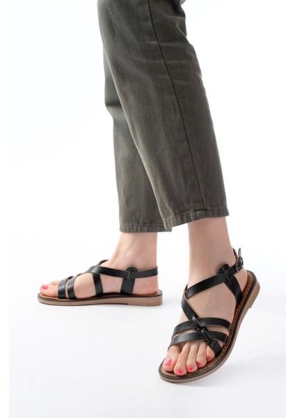205-05 Siyah Ortopedik Hakiki Deri Kadın Sandalet modelleri