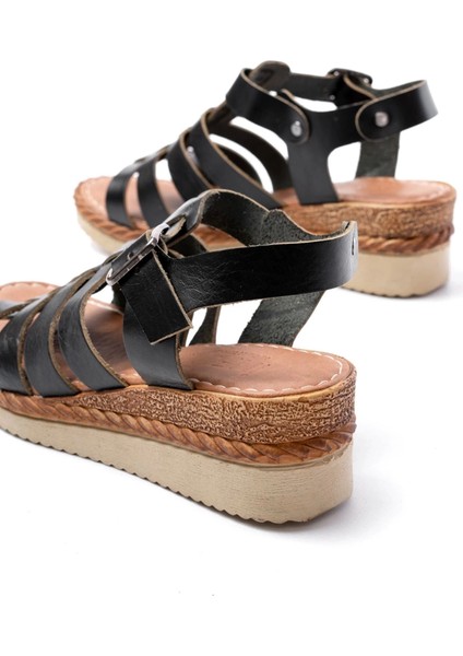 731-204 Siyah Hakiki Deri Dolgu Topuklu Günlük Kadın Sandalet indirimleri