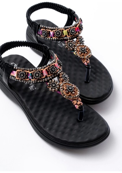 DM-609 Siyah Taşlı Arka Lastikli Parmak Arası Kadın Sandalet fırsatları