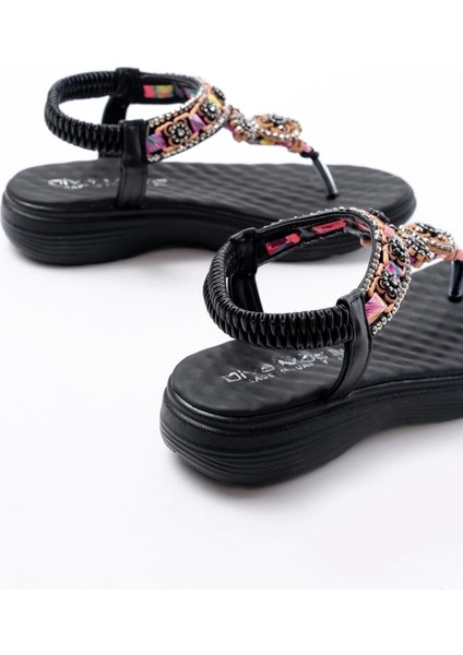 DM-609 Siyah Taşlı Arka Lastikli Parmak Arası Kadın Sandalet indirimleri