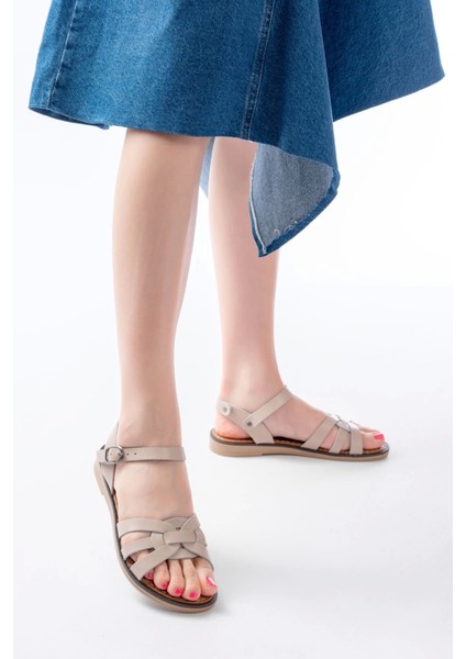 205-030 Bej Hakiki Deri Ortopedik Taban Kadın Sandalet modelleri