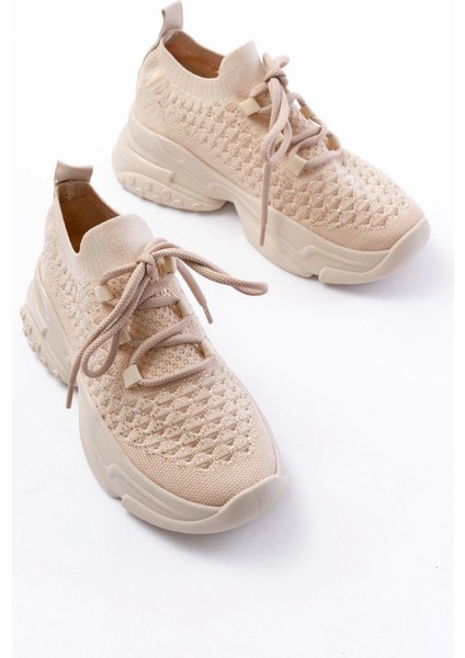 SP-2024 Bej Günlük Bağcıklı Fileli Taş Aksesuarlı Kadın Spor Ayakkabı modelleri
