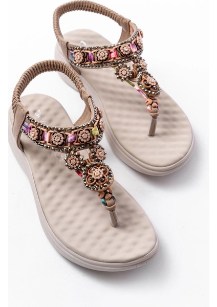 DM-609 Bej Taşlı Arka Lastikli Parmak Arası Kadın Sandalet fırsatları