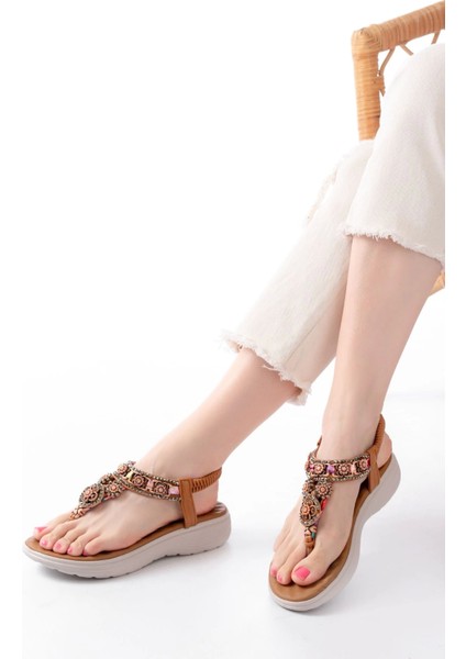 DM-609 Taba Taşlı Arka Lastikli Parmak Arası Kadın Sandalet