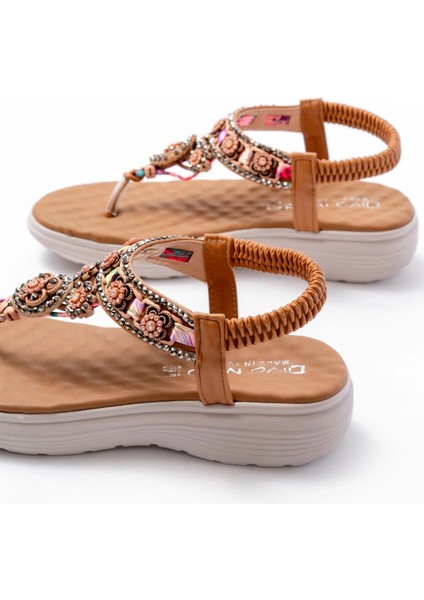 DM-609 Taba Taşlı Arka Lastikli Parmak Arası Kadın Sandalet modelleri