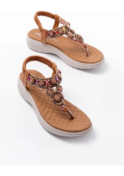 DM-609 Taba Taşlı Arka Lastikli Parmak Arası Kadın Sandalet indirimleri