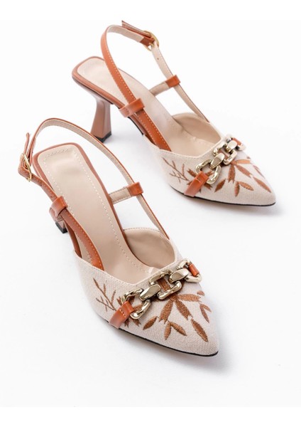 K-250 Taba Keten Günlük Arkası Açık Tokalı Topuklu Kadın Ayakkabı modelleri