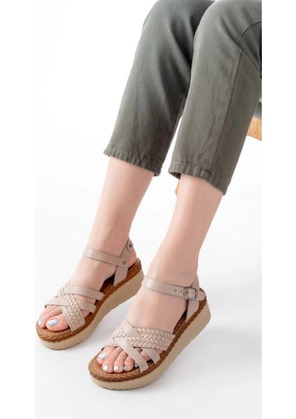 730-138 Bej Örgü Hakiki Deri Ortopedik Taban Kadın Sandalet fiyatları